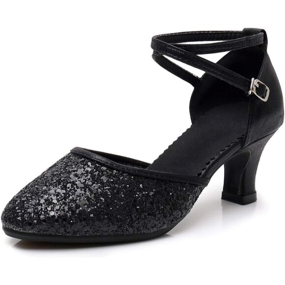 Swdzm Womens Black Ballroom Closed Toe Sequins Latin Salsa Tango Dancing Shoes - Picture 1 of 9